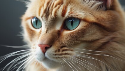  a close up of a cat's face with blue eyes and whiskers on it's head.