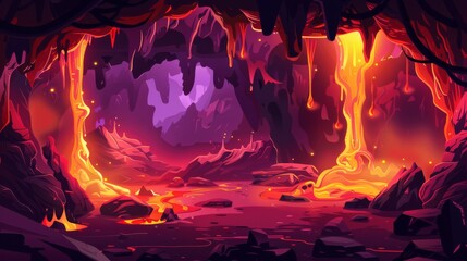 A hellscape depicting lava flows from cracked stones, rocks floating in liquid magma, computer game background, underground panoramic wallpaper, cartoon illustration.