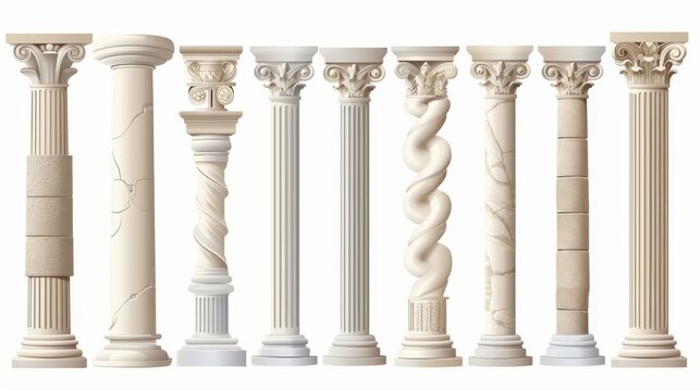 Classic stone columns of Roman or Greek architecture with twisted and grooved ornament for interior facade design, realistic 3d modern mockup, set of four.