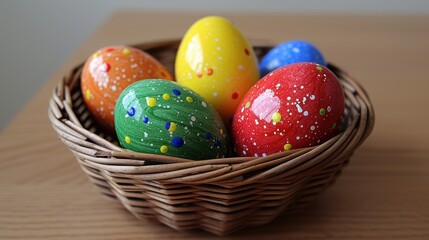 Fototapeta na wymiar a basket filled with colorfully painted eggs on top of a wooden table with sprinkles on them.