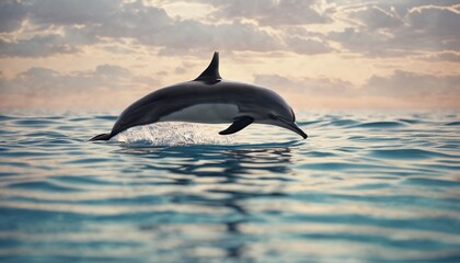 Fototapeta premium a dolphin jumping out of the water in front of a cloudy sky with a sun shining through the clouds in the background.