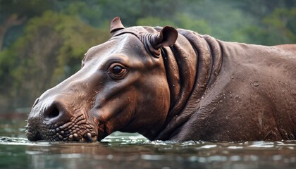  a close up of a hippopotamus in a body of water with trees in the backgroud.