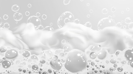 frothy white soap foam, suds of detergent, cleaning gel or shampoo. Modern realistic illustration. Foam from beer or fizzy drink, isolated on transparent background. - obrazy, fototapety, plakaty
