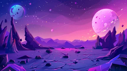 Fototapeten This space background features purple planet landscapes, stars, satellites and alien planets in the sky. It's a modern cartoon fantasy illustration of the cosmos, cracked stone surfaces with rocks © Mark