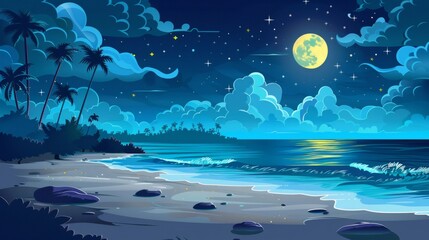 Animated seascape with tropical island with palm trees, sand beach, ocean waves and coastline on horizon of night. Modern cartoon background of seascape with tropical island with palm trees, stars,