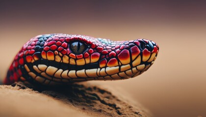  a close up of a snake's head with red, yellow, and blue colors on it's body.