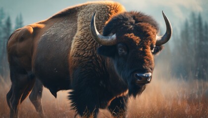  a close up of a bison in a field of tall grass with trees in the background and fog in the sky. - obrazy, fototapety, plakaty