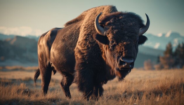  a close up of a bison in a field with mountains in the backgrouf of the image in the background.