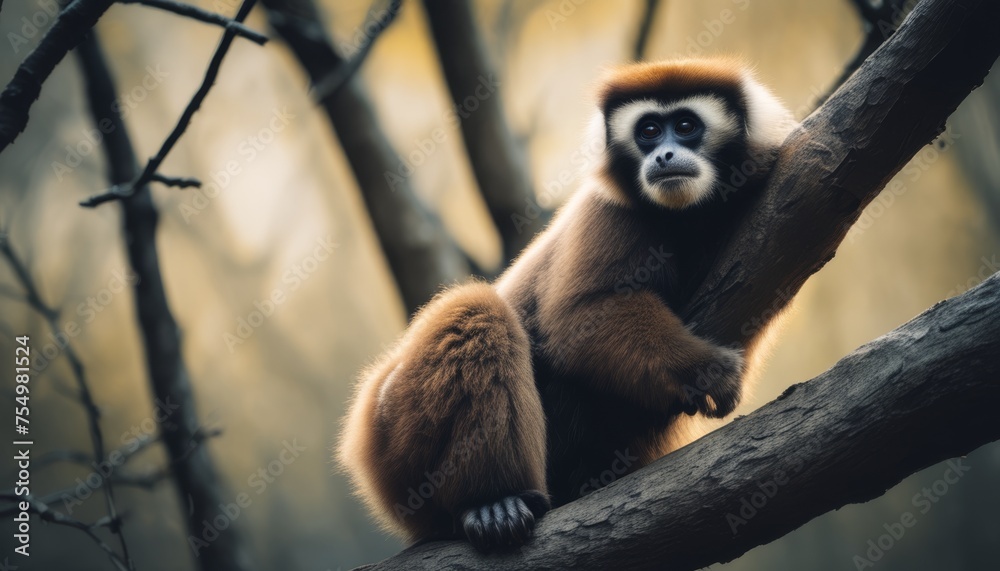 Wall mural  a brown and white monkey sitting on top of a tree branch in the middle of a forest with no leaves. - Wall murals