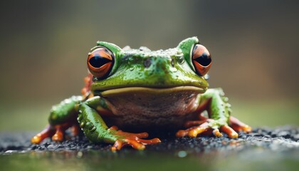  a close up of a frog's face with red eyes and a green frog's body on the ground.