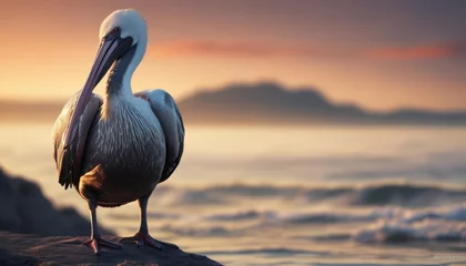 Fotobehang  a pelican standing on a rock in front of the ocean with a sunset in the backgroud. © Velko