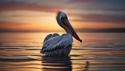 Fotobehang  a pelican is sitting in the water with its long beak open and it's head above the water's surface. © Velko