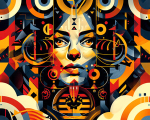 A visually striking poster featuring a powerful female figure amidst abstract patterns and bold colors The background is filled with menacing shadows and ominous symbols