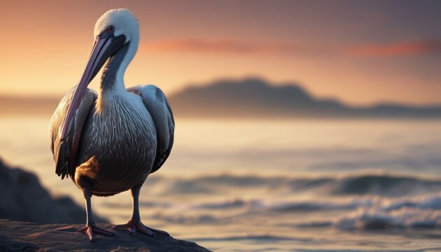  a pelican standing on a rock in front of the ocean with a sunset in the backgroud.