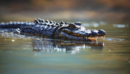 Fototapeta premium a close up of an alligator in a body of water with it's head above the water's surface.