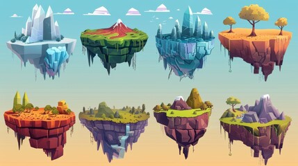 An ice crystal floating island, a volcano, a desert fantasy landscape, a cartoon 2D UI nature locations with flying platforms elements to jump, a graphic for PCs and mobile devices. - obrazy, fototapety, plakaty