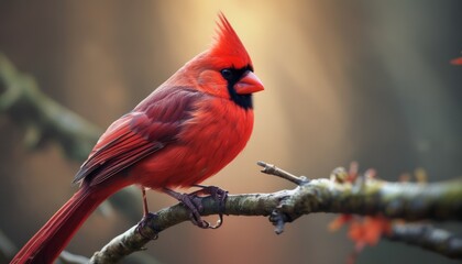  a close up of a red bird on a tree branch with a blurry background of leaves and branches in the foreground.