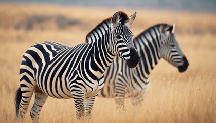 Fototapeta na wymiar a couple of zebra standing next to each other on a dry grass covered field with tall grass in the background.