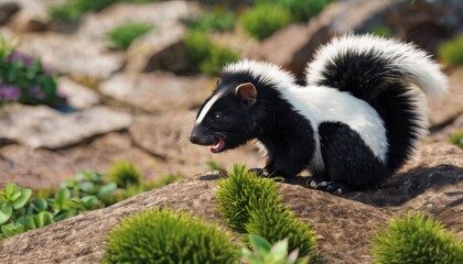  a skunky skunky standing on top of a rock with its mouth open and tongue wide open.