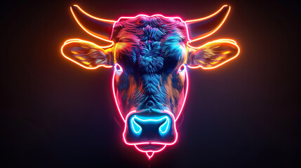 glowing neon light effect head of a cow, bright advertising design element, cow logo light signboard banner for veterinary clinic, pet shop, night club concept - obrazy, fototapety, plakaty