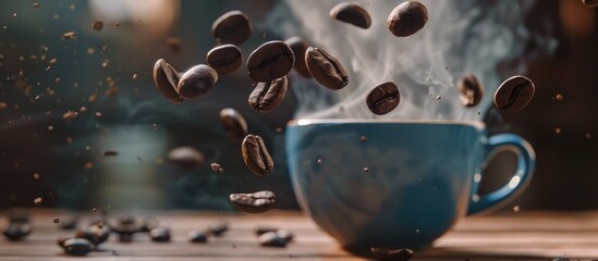 Coffee beans cascading into a cup of liquid on a wooden table, creating a unique coffee art display for an event