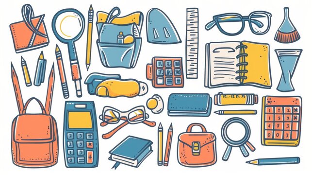 Doodle pen, pencil, marker, notebook, ruler, and backpack. Modern flat icons of scissors, calculator, magnifier, and paint.