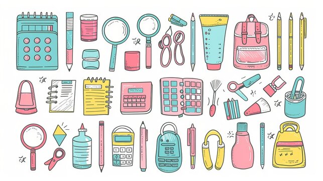 A set of school and office stationery including pencils, pens, rulers, notebooks, pencil sharpeners, and scissors. Modern flat icons of scissors, calculators, magnifiers, and paints.