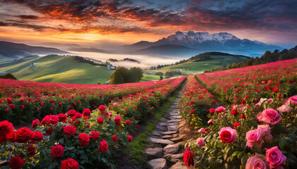 Red roses farm on a slope and sunrise - Powered by Adobe