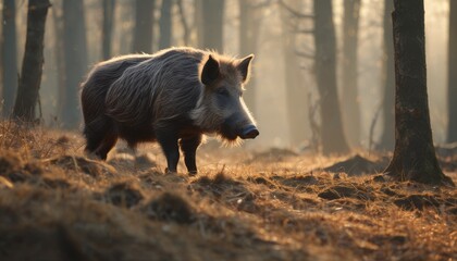  a wild boar standing in the middle of a forest on a foggy day in the early morning with the sun shining through the trees. - obrazy, fototapety, plakaty