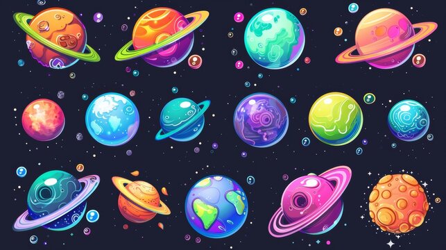 Modern cartoon icon set of magical fantastic world, cosmic objects in different colors with bubbles, holes and spirals. Collection of cute planets and moons.