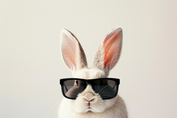 Funny white rabbit with stylish sunglasses posing on a clean white background, illustration