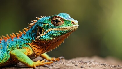 Fototapeta premium a close up of a lizard on a rock with a green and orange lizard on it's back legs.