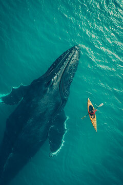 A man in a kayak swims next to a large whale. Top view