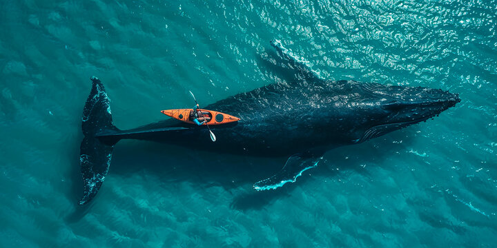 A man in a kayak swims next to a large whale. Top view