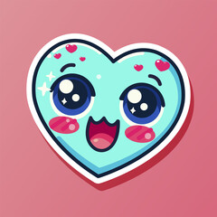 Cute cartoon designed sticker with blue smiling amazing heart. Lovely emoticon character. Cheerful emoji. Romantic expression. Isolated on pink background. Vector illustration