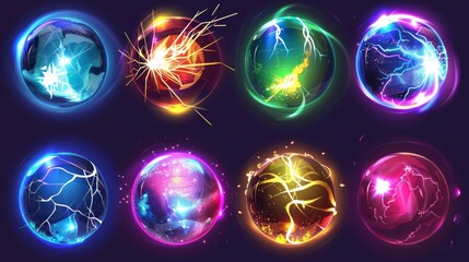 Mystic spheres with a mystic glow, lightning and sparks. Modern cartoon illustration of color glowing orbs with light effect, liquid plasma and fire. - obrazy, fototapety, plakaty
