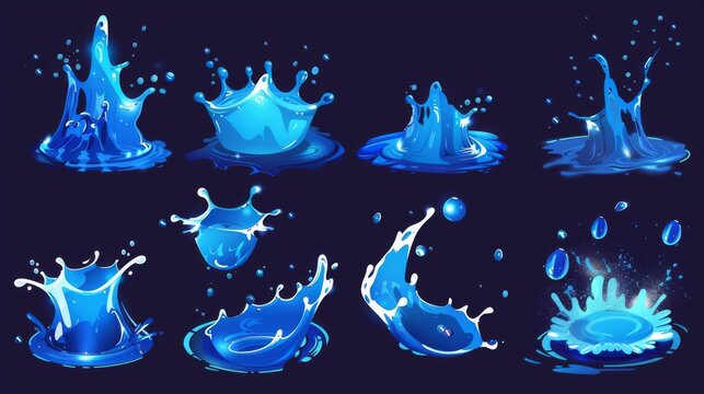 Set of water splash games and video clips. 2d liquid drops, crowns, flow and falling swirls isolated design elements. Animation with blue water spray motion, spatter blast, dripping or ripples.