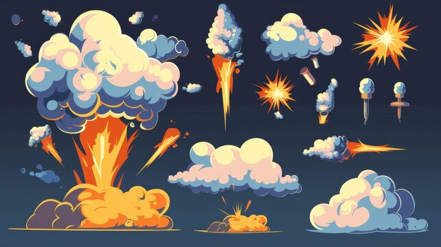 UI game design, cartoon dynamite explosion, fire set. Atomic comics detonators for mobile animation. Isolated modern icons of danger and explosion.