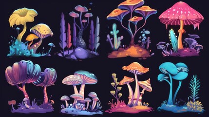 Isolated fantasy mushrooms, flowers, trees, alien planet or magic game plants. Utterly strange flora and fauna assets, strange fairy tale elements, Cartoon modern illustration.