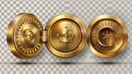 Modern realistic set of 3d closed and open hollow circle golden doors to bunker or bank safe isolated on transparent background. - obrazy, fototapety, plakaty