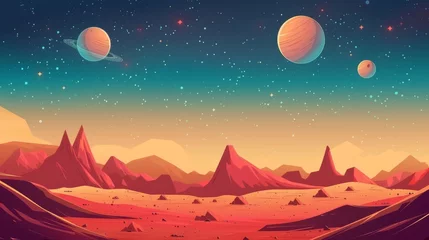 Türaufkleber The surface of Mars, an alien planet in space, with mountains, stars, Saturn and Earth in the sky. Space game background with orange ground, mountains, stars, and Saturn in the sky. Modern cartoon © Mark