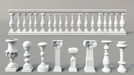 This modern realistic set contains 3D white stone or marble pillars, columns, ballusters, handrails, and base of the classic ancient fence.