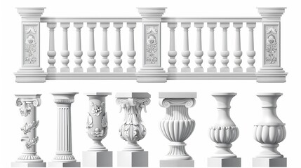 The architecture elements of a balcony, terrace, or parapet. Modern realistic set of white marble or stone pillars, columns, balusters, handrails, and bases.