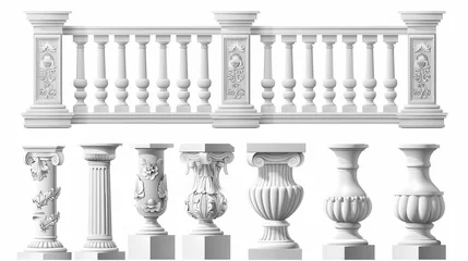 Fotobehang The architecture elements of a balcony, terrace, or parapet. Modern realistic set of white marble or stone pillars, columns, balusters, handrails, and bases. © Mark