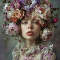 Woman adorned with a crown of mixed flowers - A surreal portrait of a woman with a flower crown composed of various species, creating a vibrant and dreamlike atmosphere