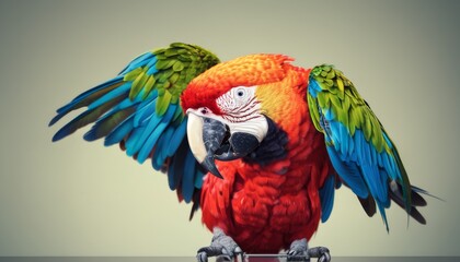  a colorful parrot sitting on top of a metal stand with its wings spread out and it's head turned to the side.