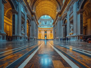 The awe-inspiring interior of St. Peter's Basilica, with its ornate decorations and golden glow, captures the essence of divine architecture. - obrazy, fototapety, plakaty