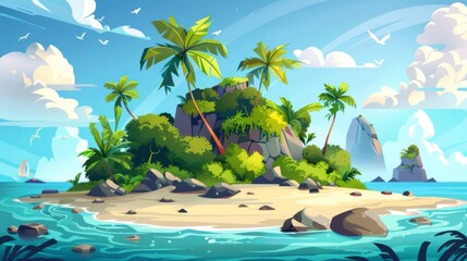 Secret pirate isle in the ocean with beach, palm trees, jungle lianas and rocks at sea under cloudy sky. Tropic landscape, empty land, game background, cartoon modern illustration.