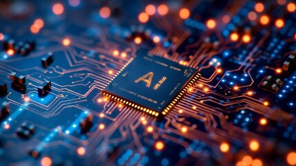 Detailed closeup of a computer chip with the AI word prominently displayed on its surface.