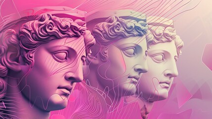 Poster with geometric design for art exhibition. Creative collage with greek sculpture on gradient background.